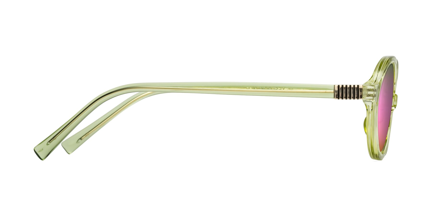 Side of Ubell in Transparent Green with Pink Mirrored Lenses
