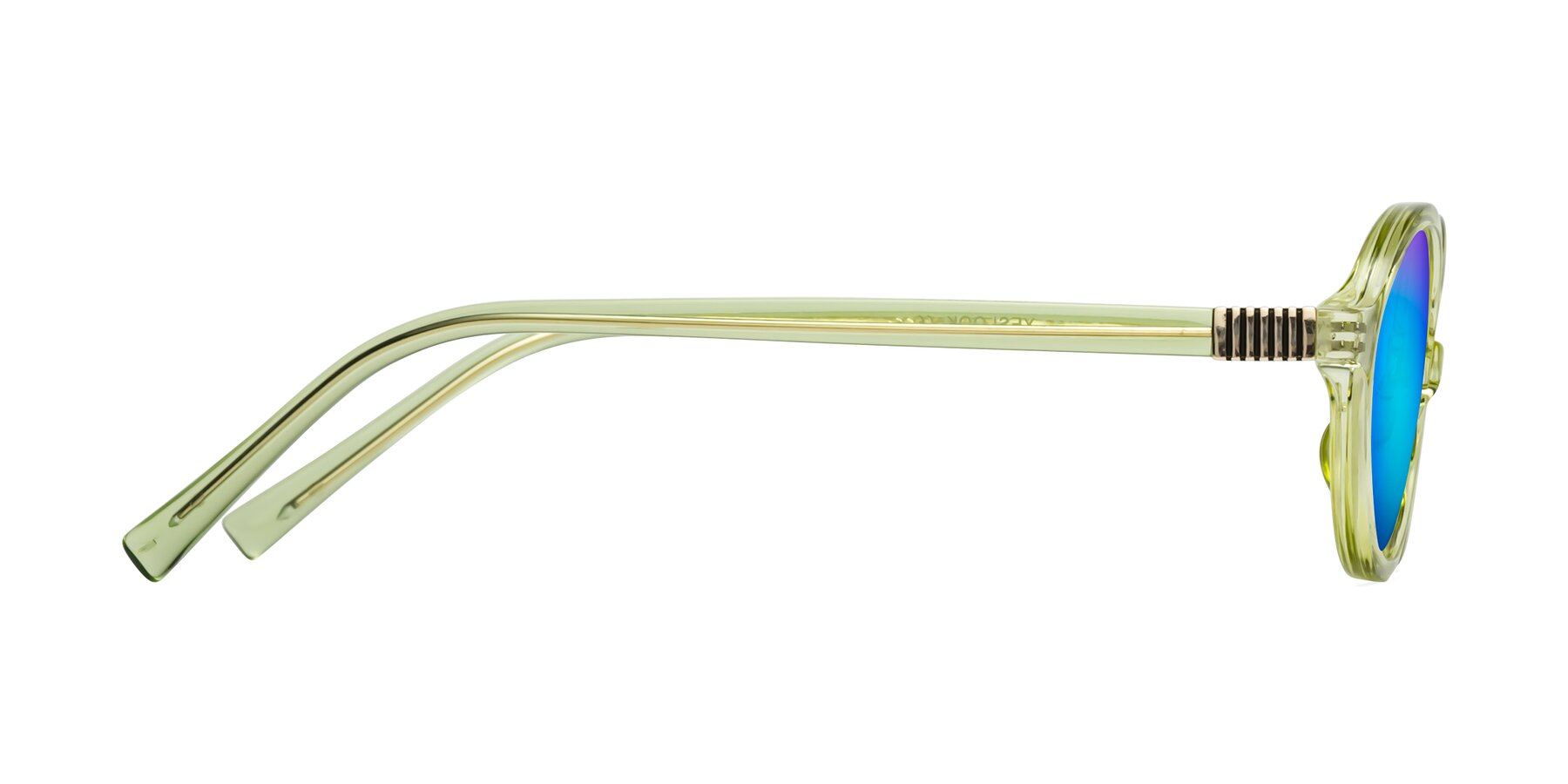 Side of Ubell in Transparent Green with Blue Mirrored Lenses
