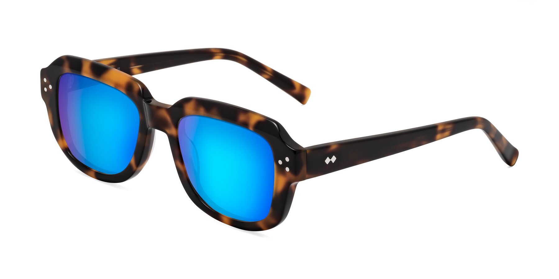 Angle of Bruges in Tortoise with Blue Mirrored Lenses