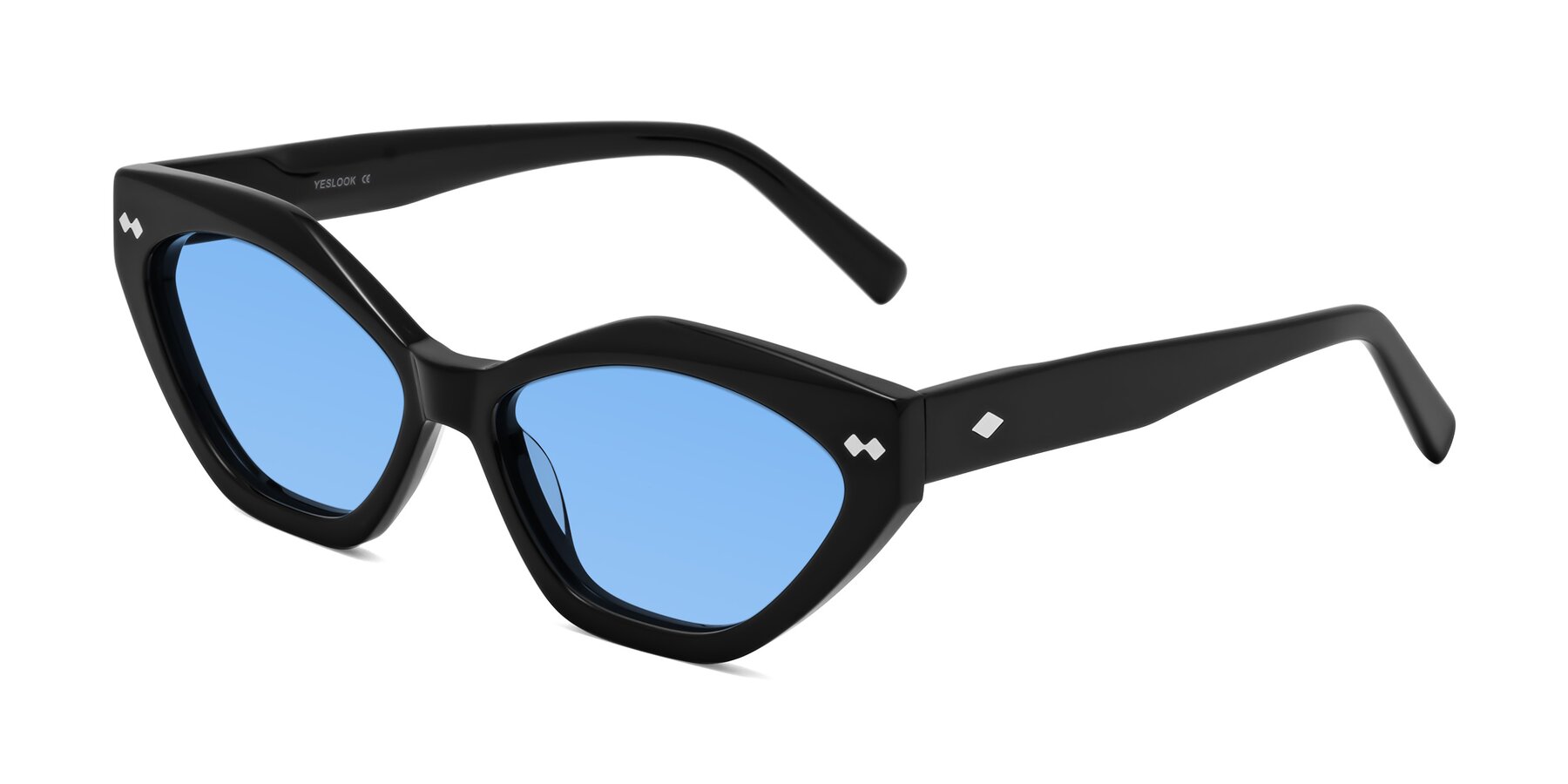 Angle of Delphi in Black with Medium Blue Tinted Lenses
