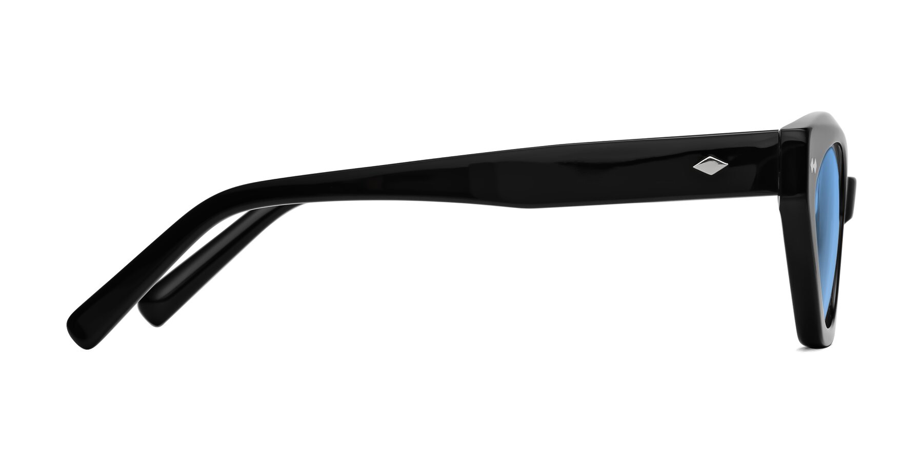 Side of Delphi in Black with Medium Blue Tinted Lenses