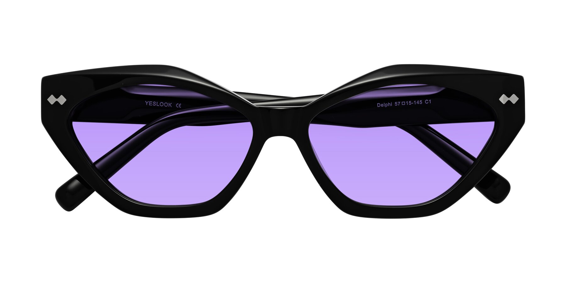 Folded Front of Delphi in Black with Medium Purple Tinted Lenses