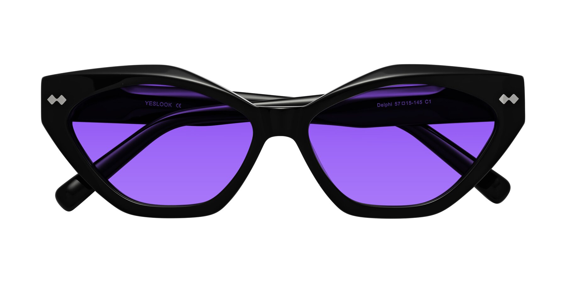 Folded Front of Delphi in Black with Purple Tinted Lenses