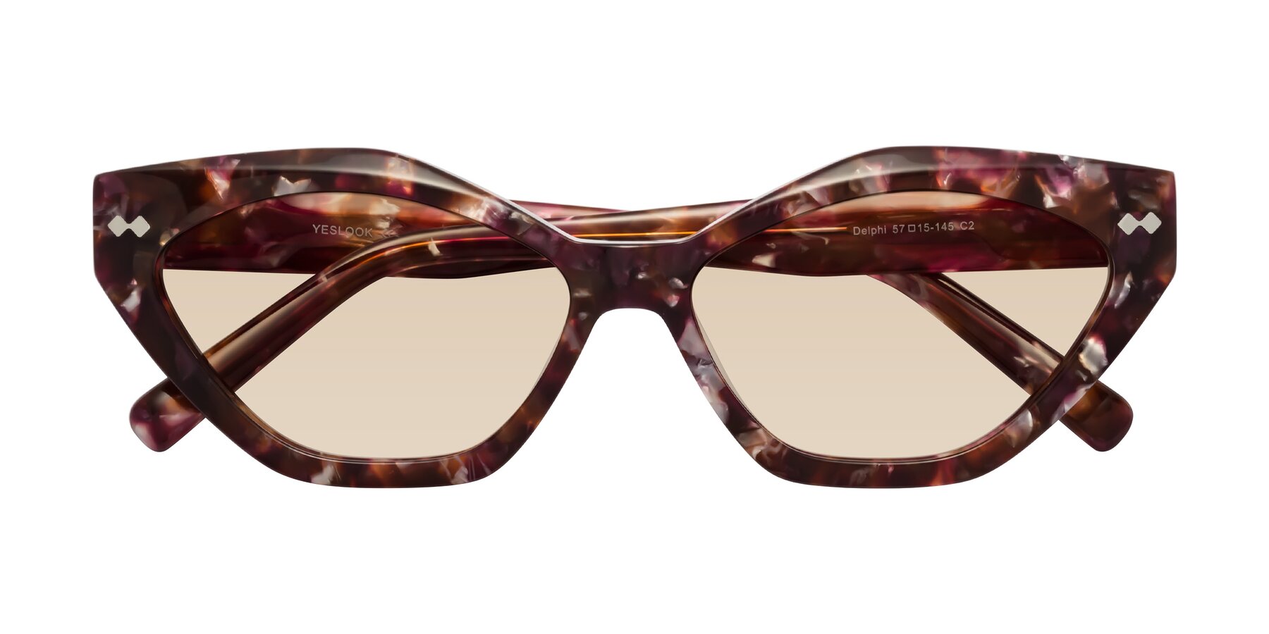 Folded Front of Delphi in Plum Tortoise with Light Brown Tinted Lenses