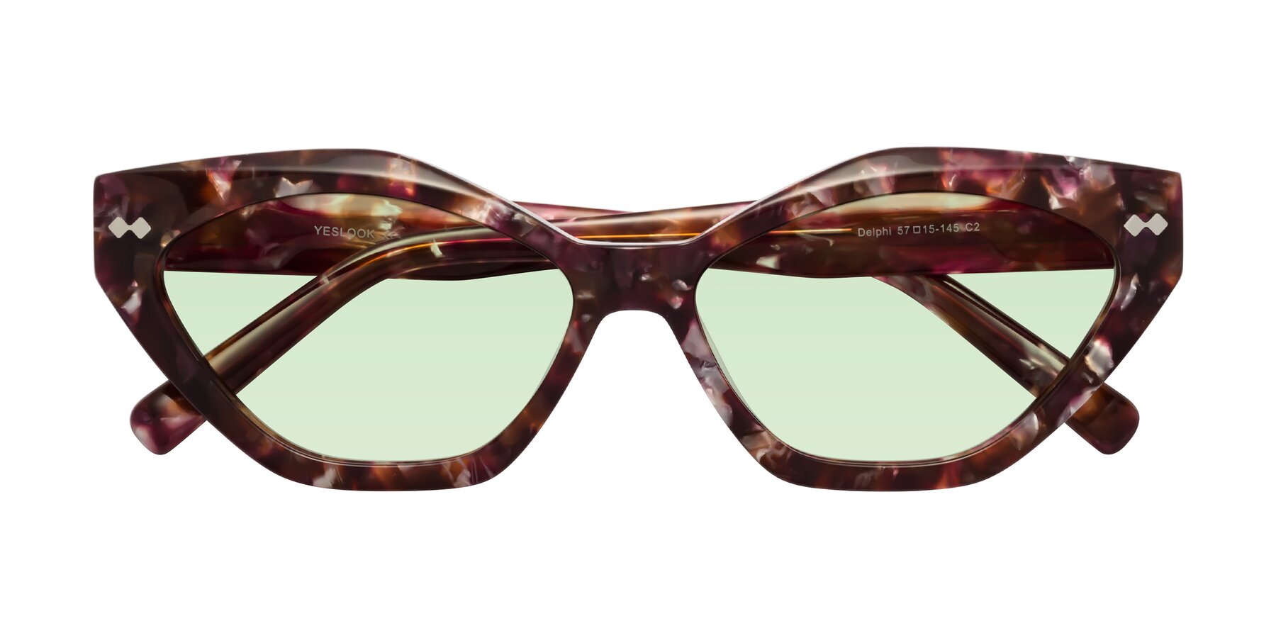 Folded Front of Delphi in Plum Tortoise with Light Green Tinted Lenses