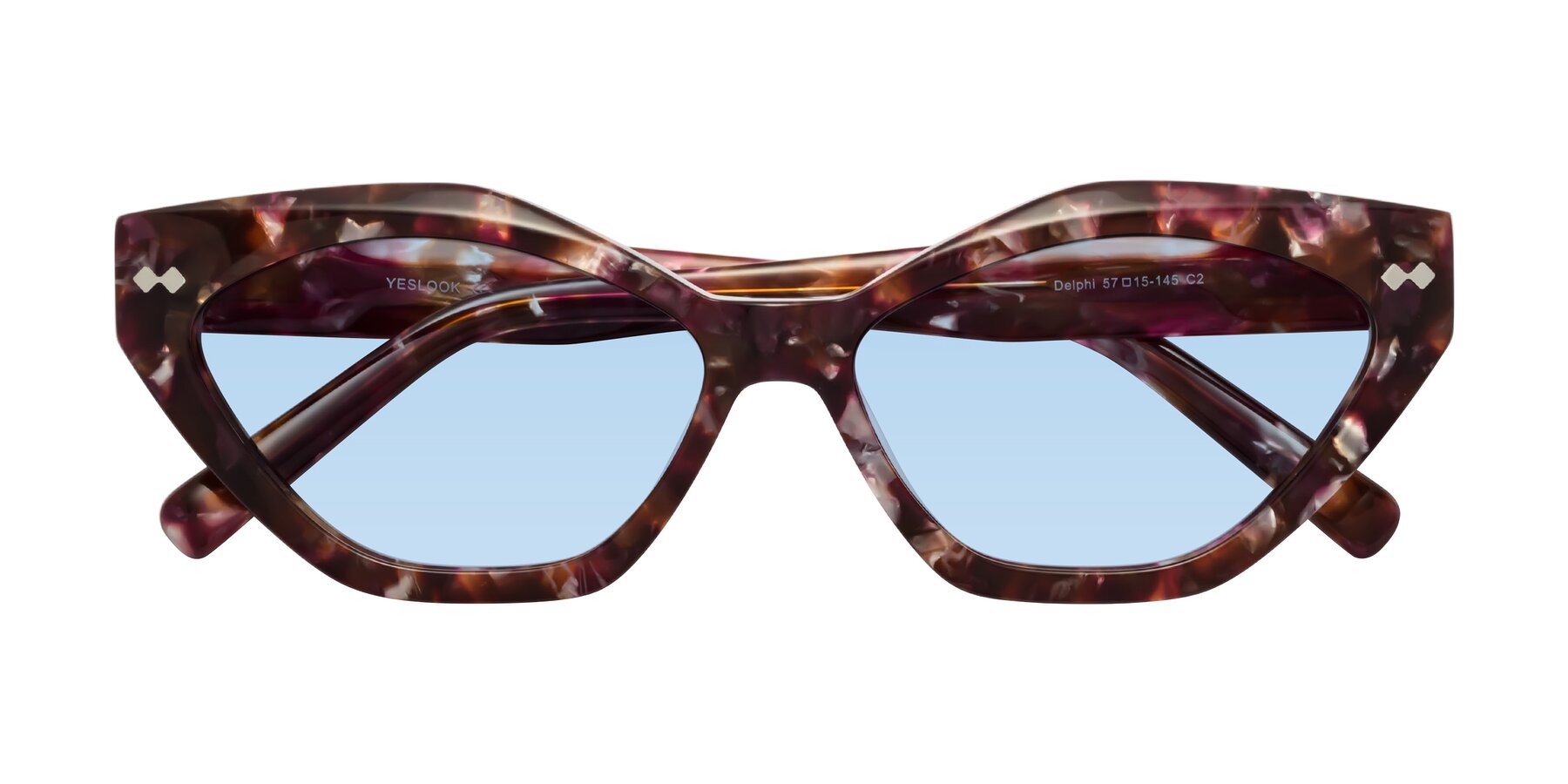 Folded Front of Delphi in Plum Tortoise with Light Blue Tinted Lenses