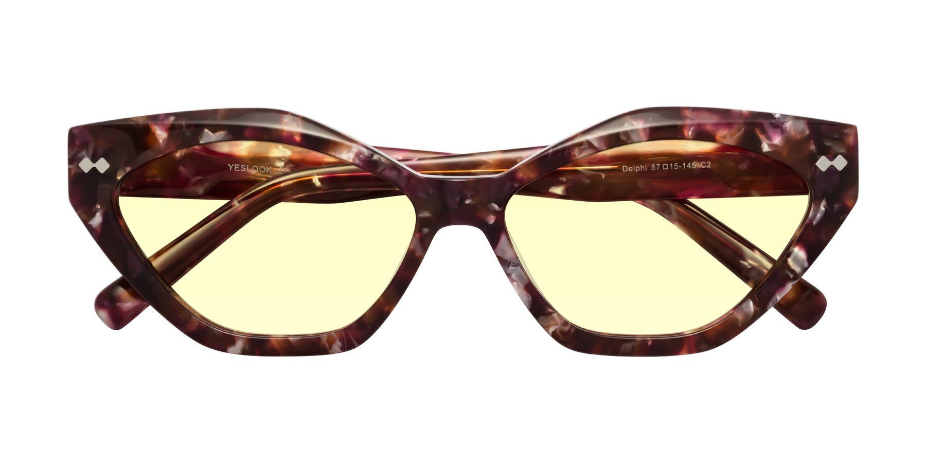 Folded Front of Delphi in Plum Tortoise with Light Yellow Tinted Lenses