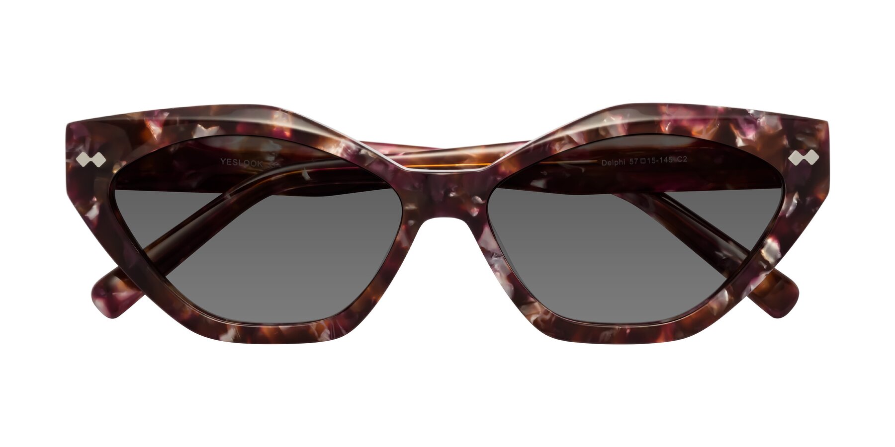Folded Front of Delphi in Plum Tortoise with Medium Gray Tinted Lenses