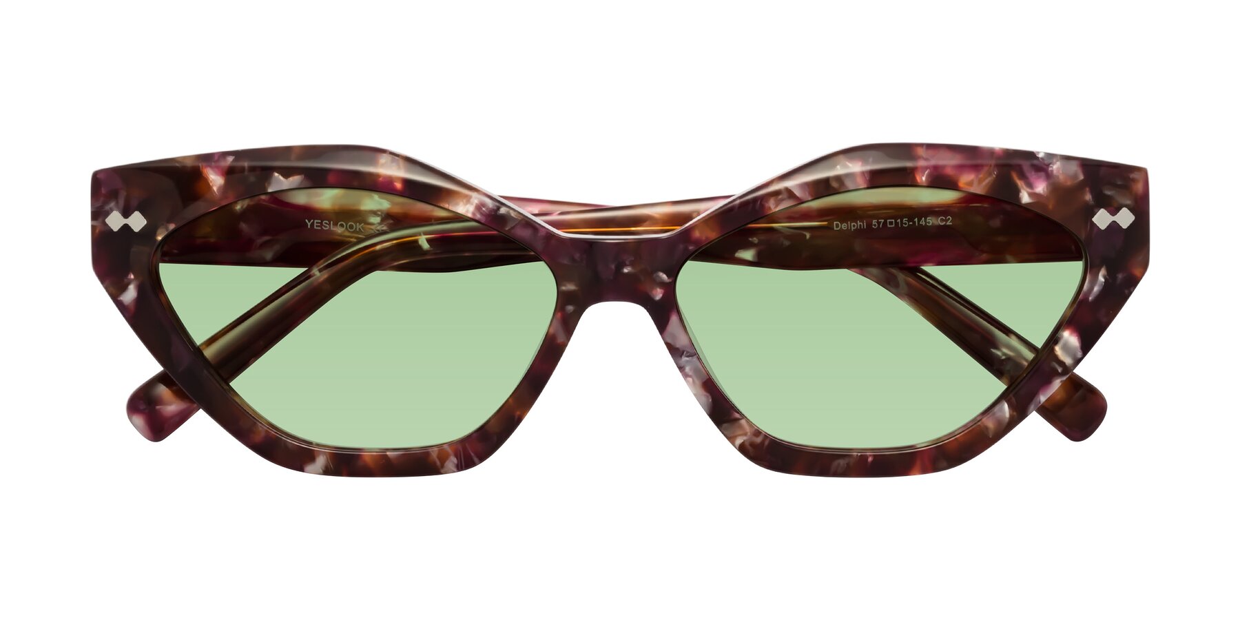 Folded Front of Delphi in Plum Tortoise with Medium Green Tinted Lenses