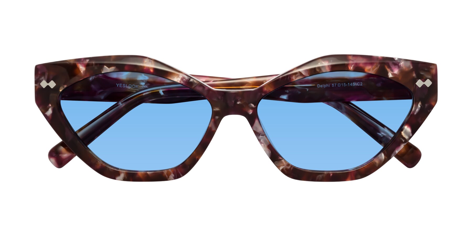 Folded Front of Delphi in Plum Tortoise with Medium Blue Tinted Lenses