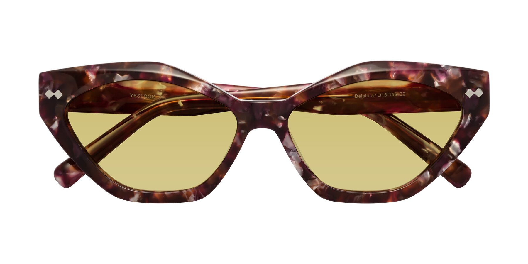 Folded Front of Delphi in Plum Tortoise with Medium Champagne Tinted Lenses