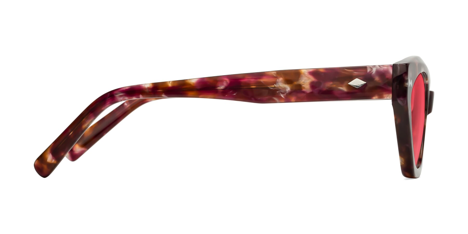Side of Delphi in Plum Tortoise with Red Tinted Lenses