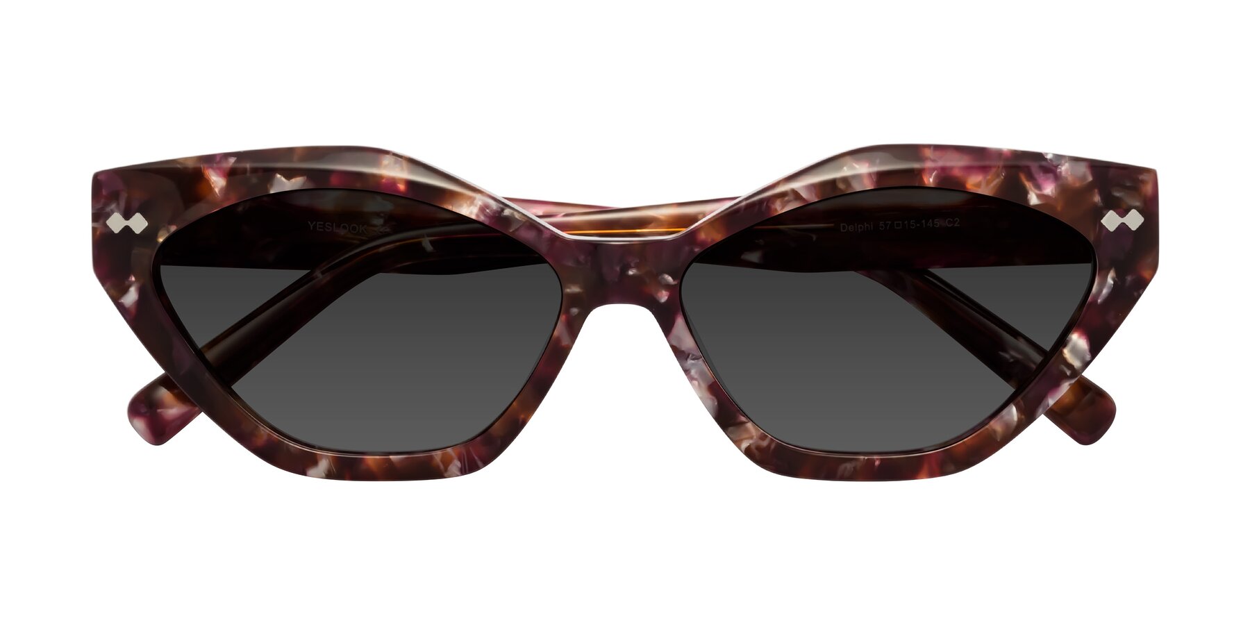 Folded Front of Delphi in Plum Tortoise with Gray Tinted Lenses