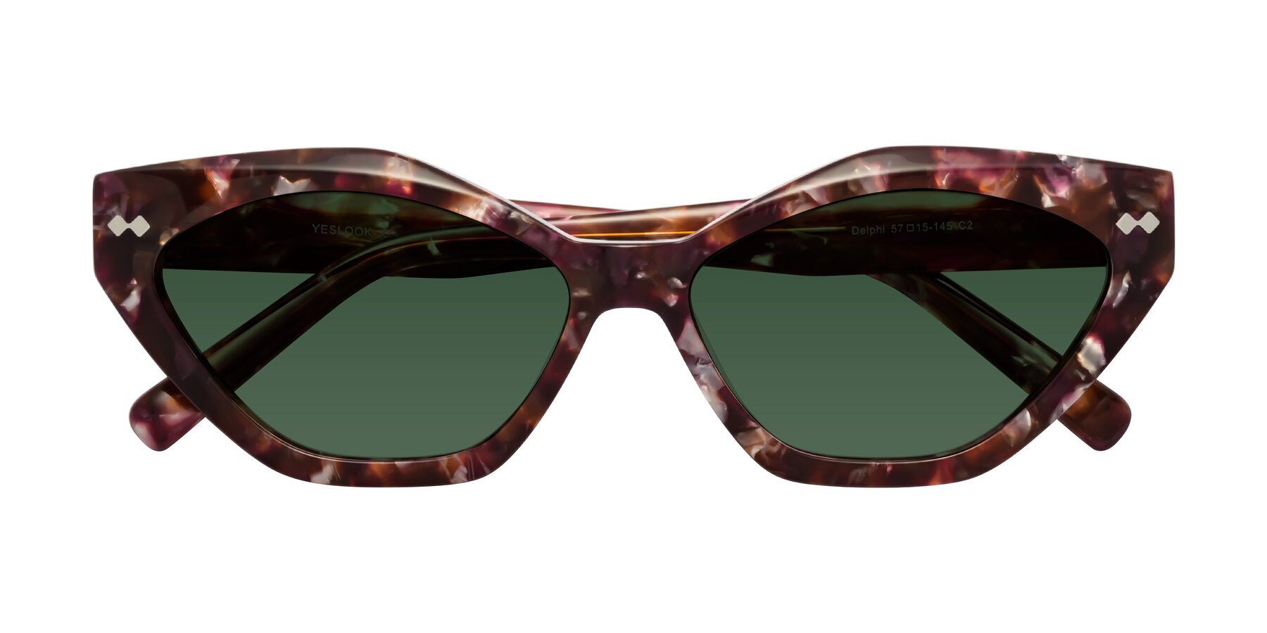 Folded Front of Delphi in Plum Tortoise with Green Tinted Lenses