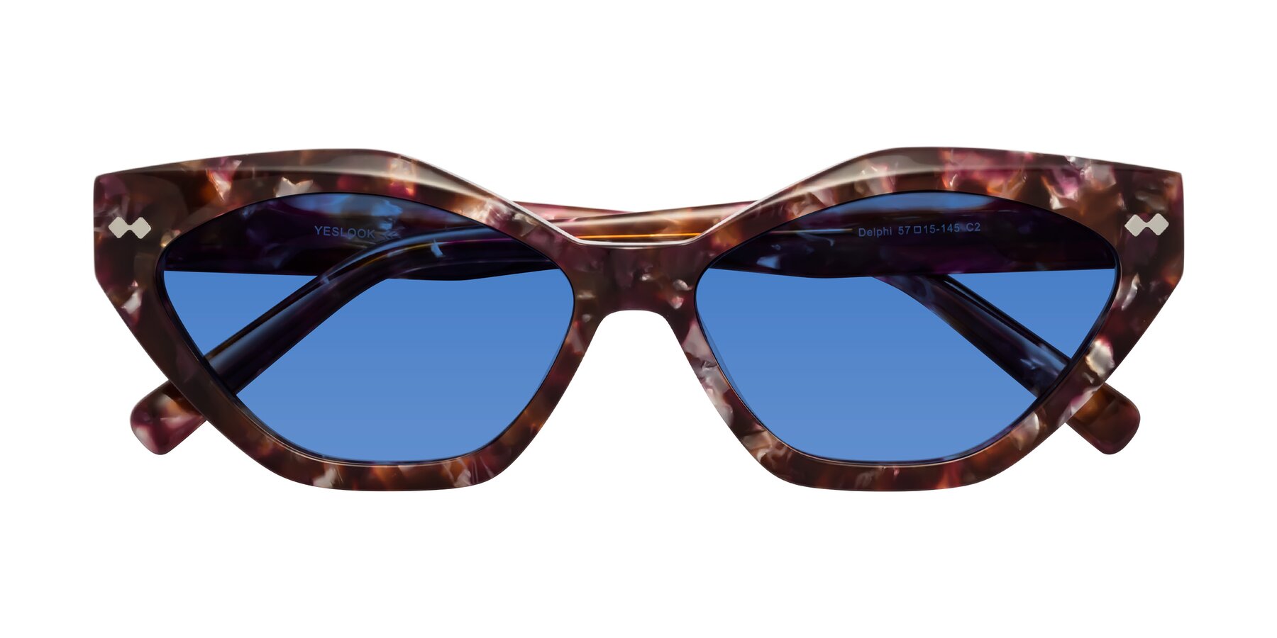 Folded Front of Delphi in Plum Tortoise with Blue Tinted Lenses