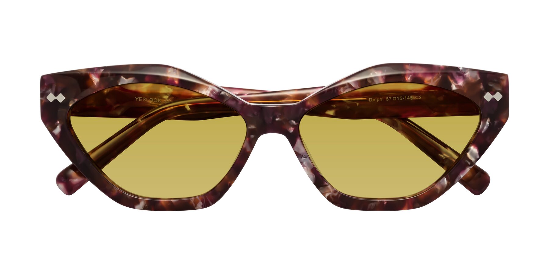 Folded Front of Delphi in Plum Tortoise with Champagne Tinted Lenses