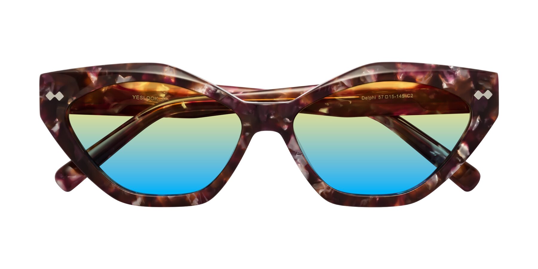 Folded Front of Delphi in Plum Tortoise with Yellow / Blue Gradient Lenses