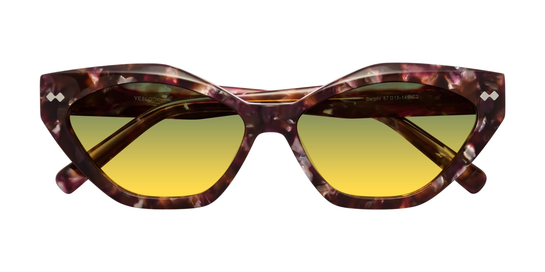 Folded Front of Delphi in Plum Tortoise with Green / Yellow Gradient Lenses