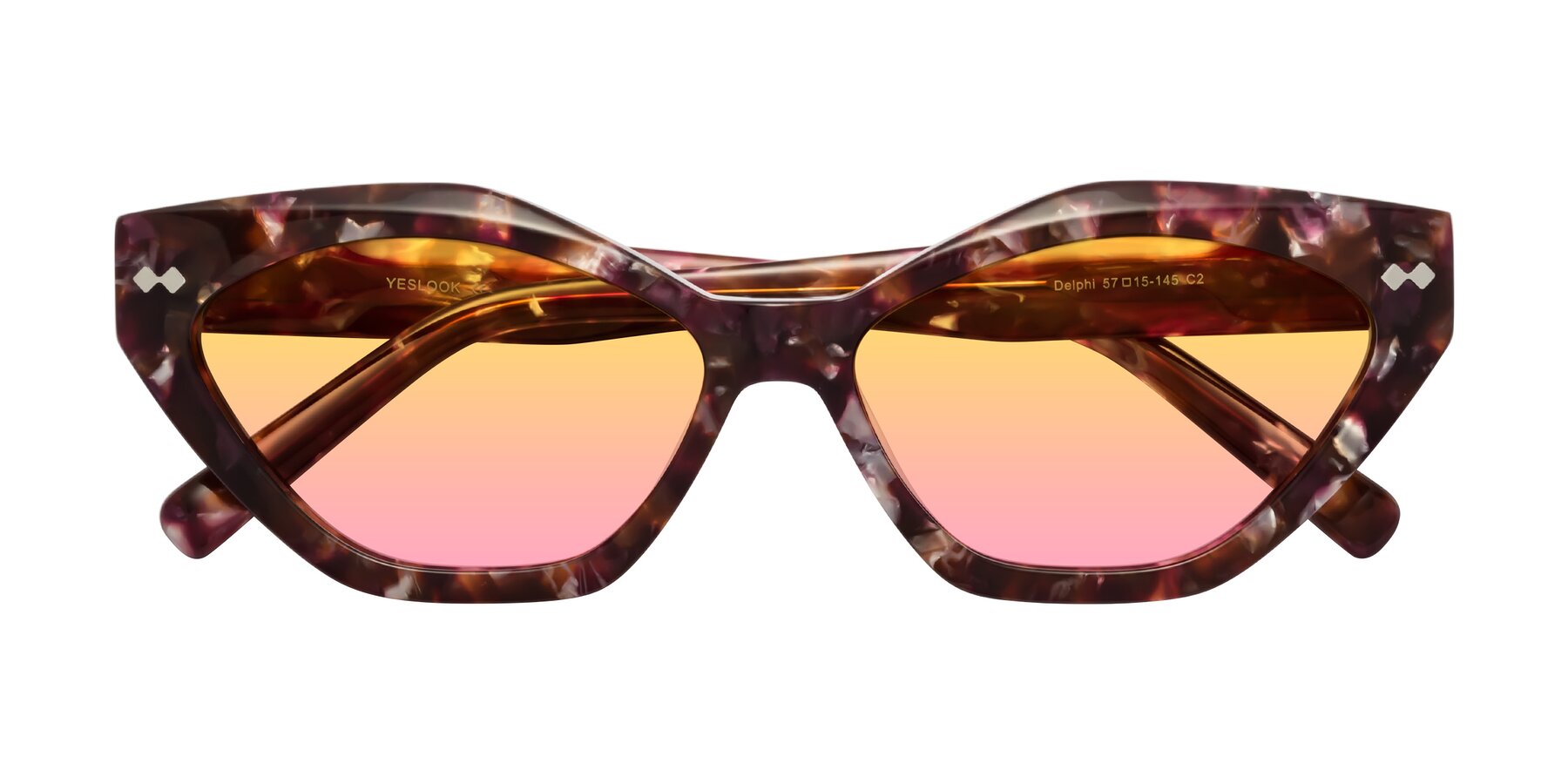 Folded Front of Delphi in Plum Tortoise with Yellow / Pink Gradient Lenses