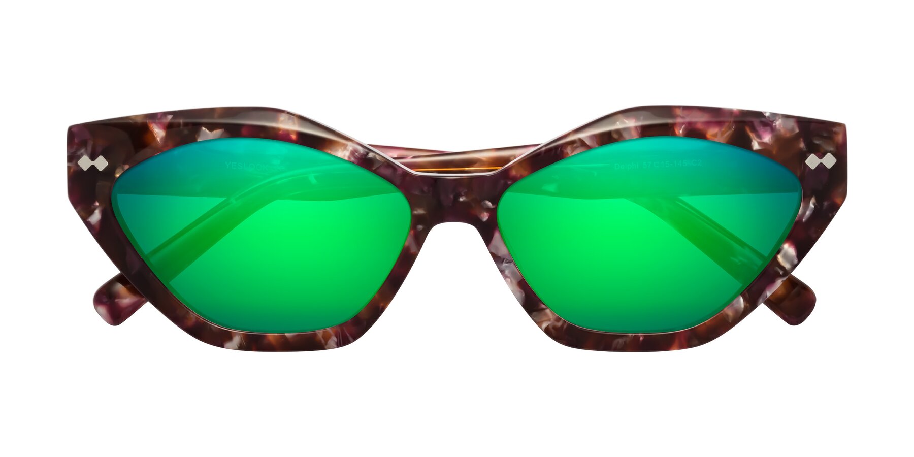 Folded Front of Delphi in Plum Tortoise with Green Mirrored Lenses