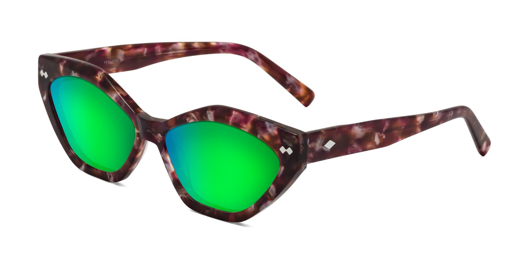 Angle of Delphi in Plum Tortoise with Green Mirrored Lenses