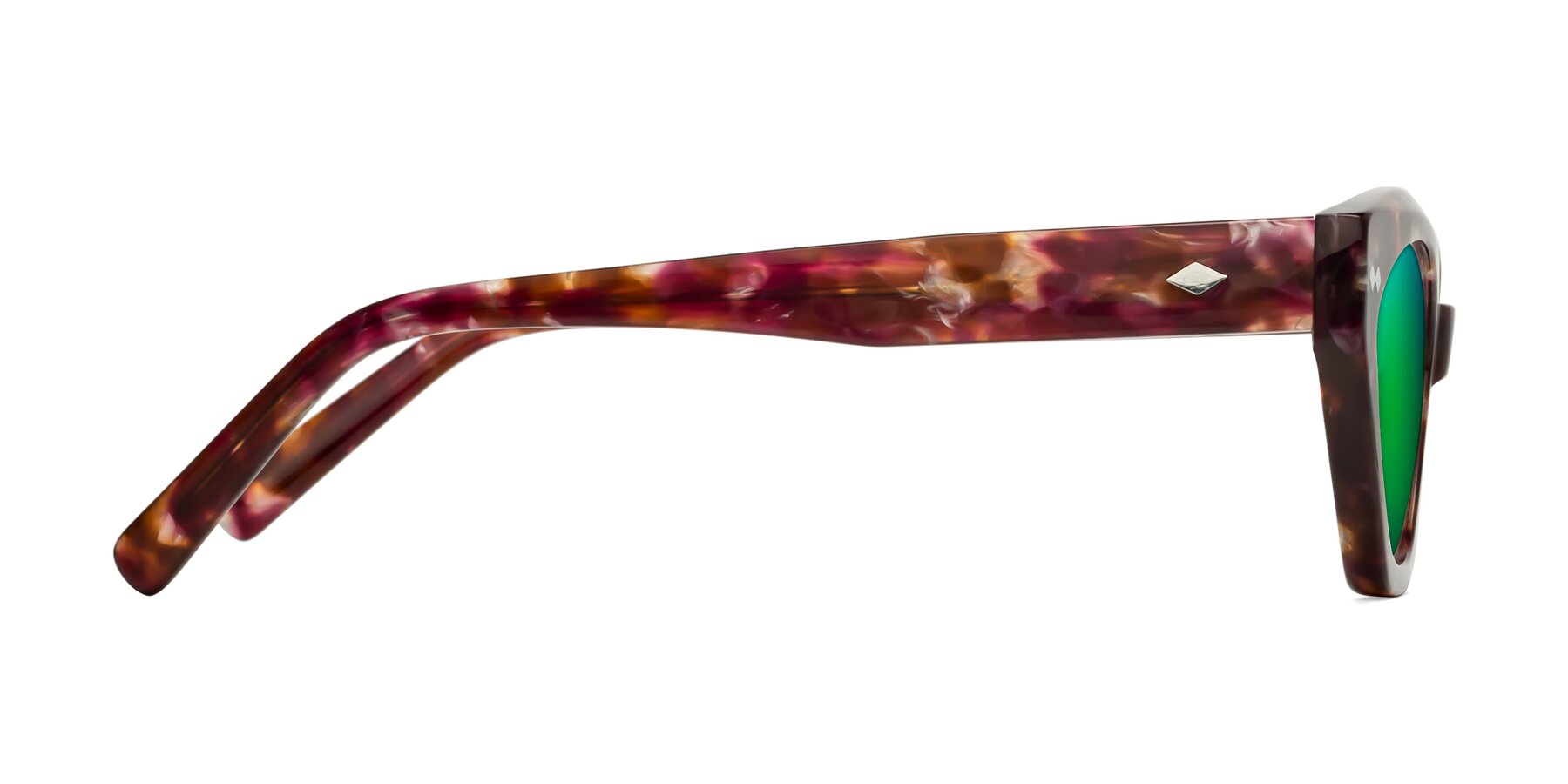Side of Delphi in Plum Tortoise with Green Mirrored Lenses