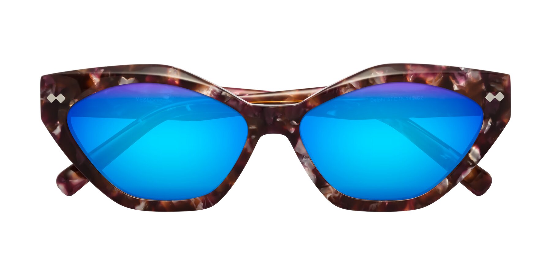 Folded Front of Delphi in Plum Tortoise with Blue Mirrored Lenses