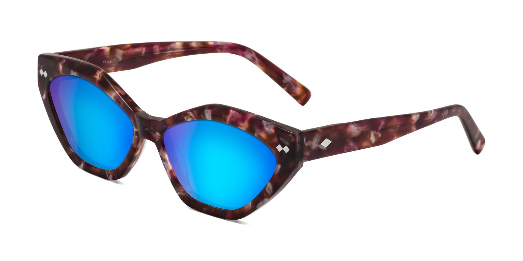 Angle of Delphi in Plum Tortoise with Blue Mirrored Lenses