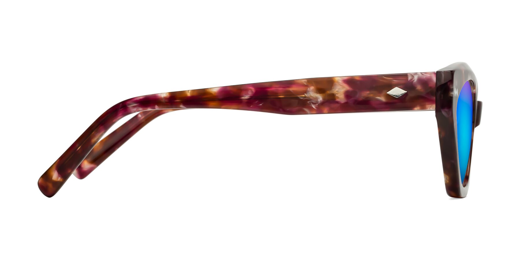 Side of Delphi in Plum Tortoise with Blue Mirrored Lenses