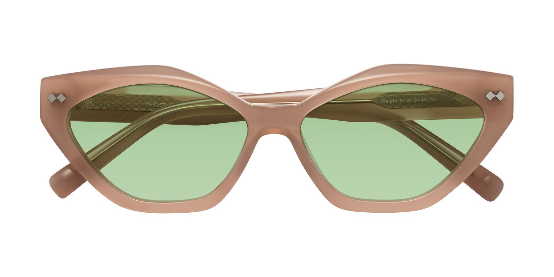 Folded Front of Delphi in Peach with Medium Green Tinted Lenses