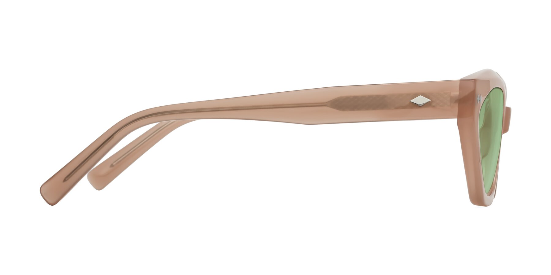 Side of Delphi in Peach with Medium Green Tinted Lenses
