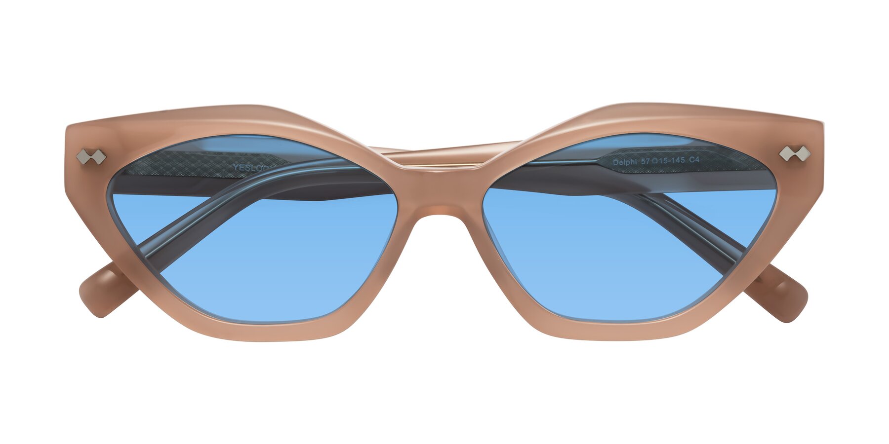 Folded Front of Delphi in Peach with Medium Blue Tinted Lenses