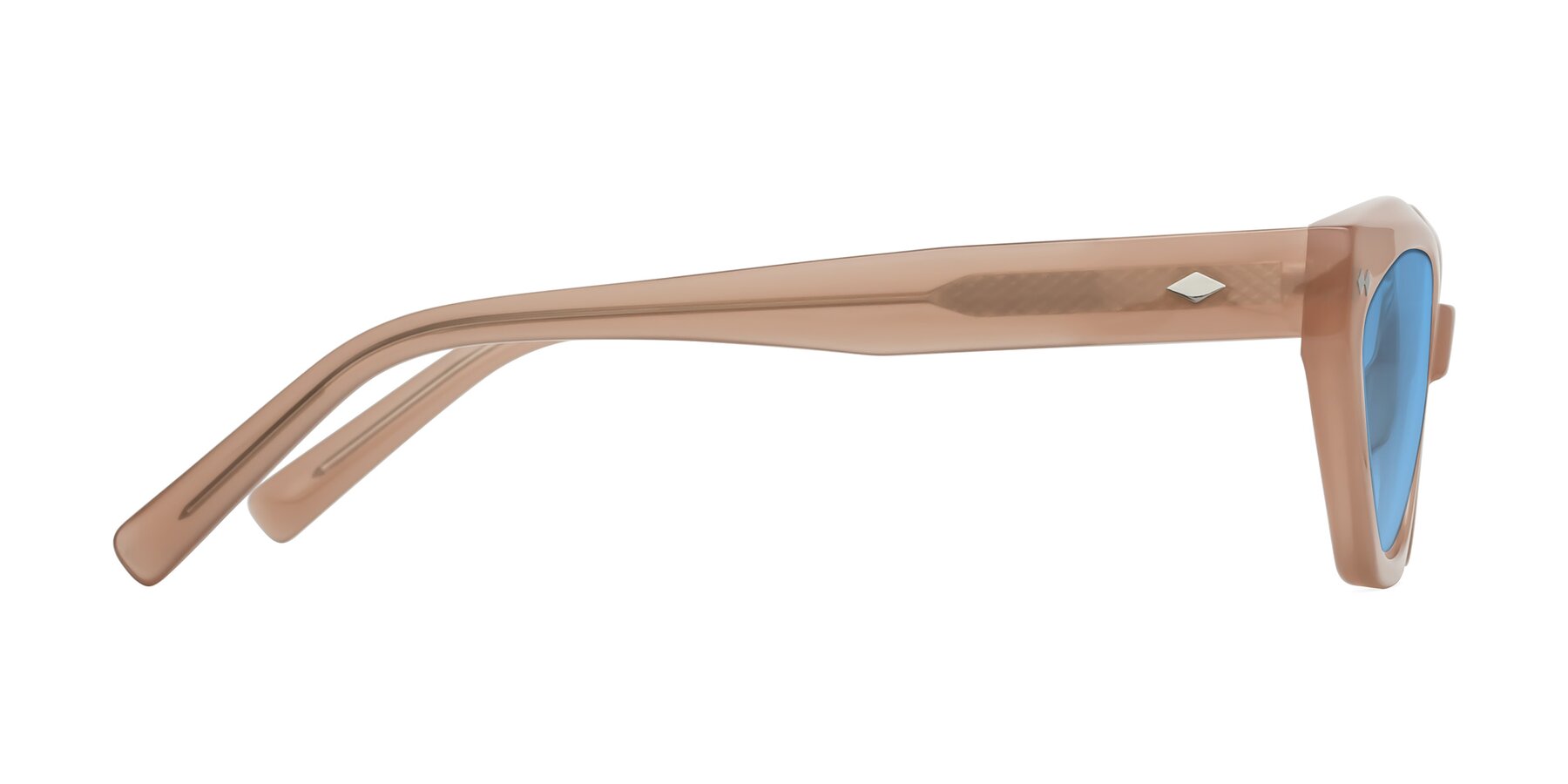 Side of Delphi in Peach with Medium Blue Tinted Lenses