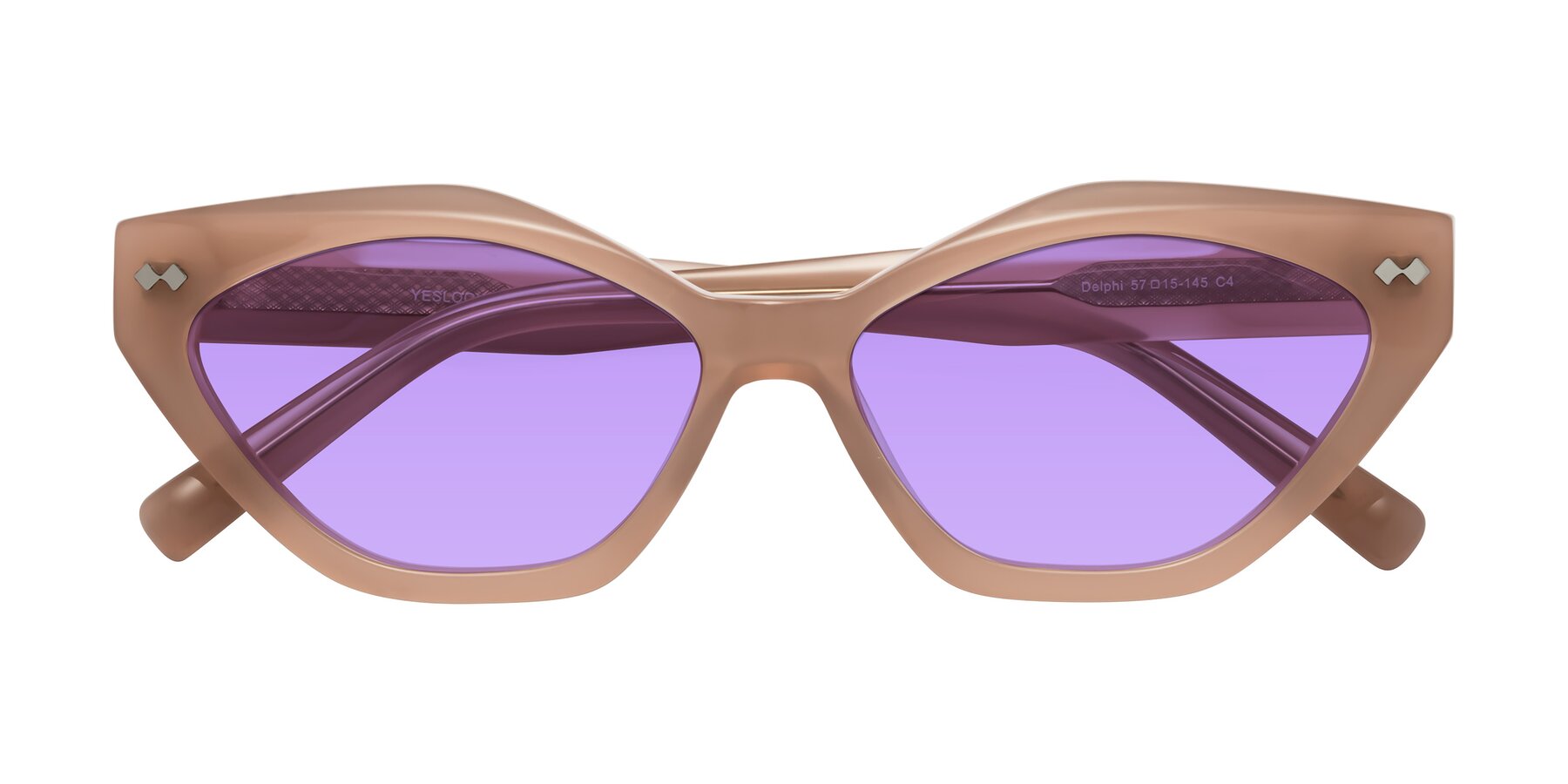 Folded Front of Delphi in Peach with Medium Purple Tinted Lenses