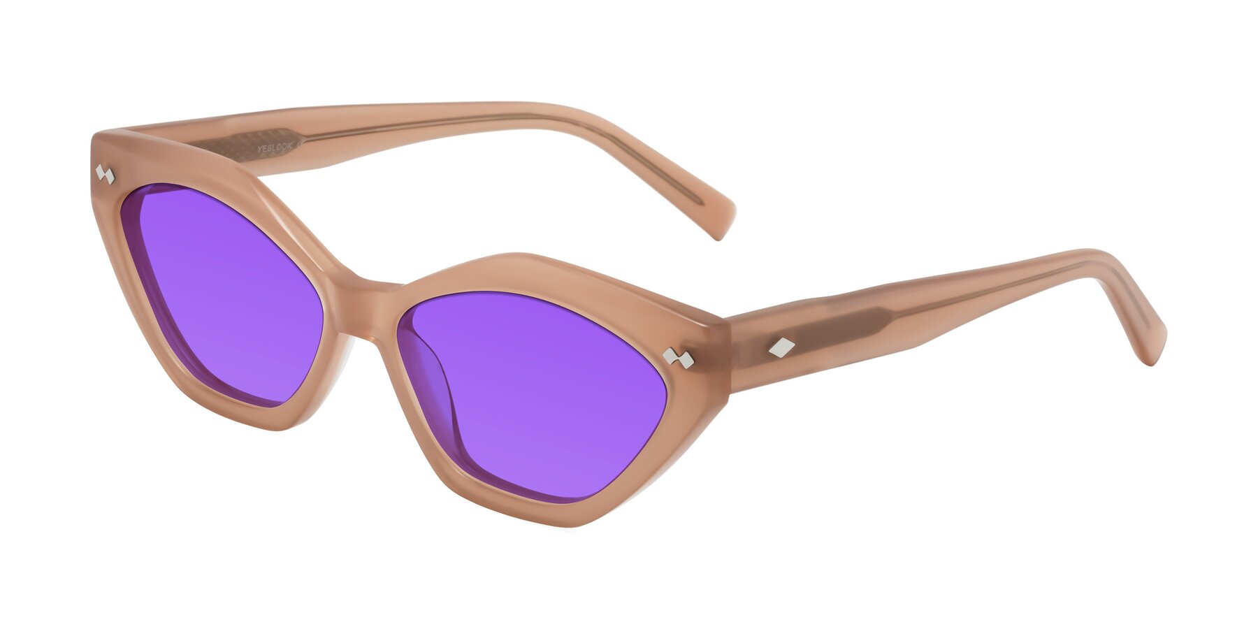 Angle of Delphi in Peach with Purple Tinted Lenses