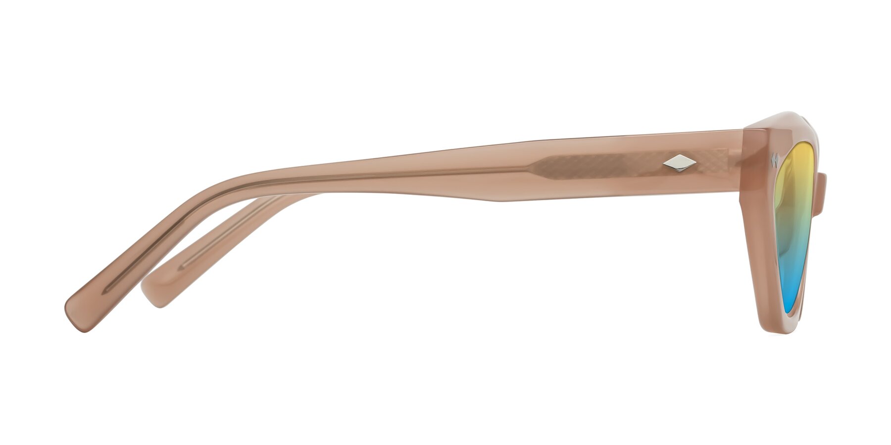 Side of Delphi in Peach with Yellow / Blue Gradient Lenses
