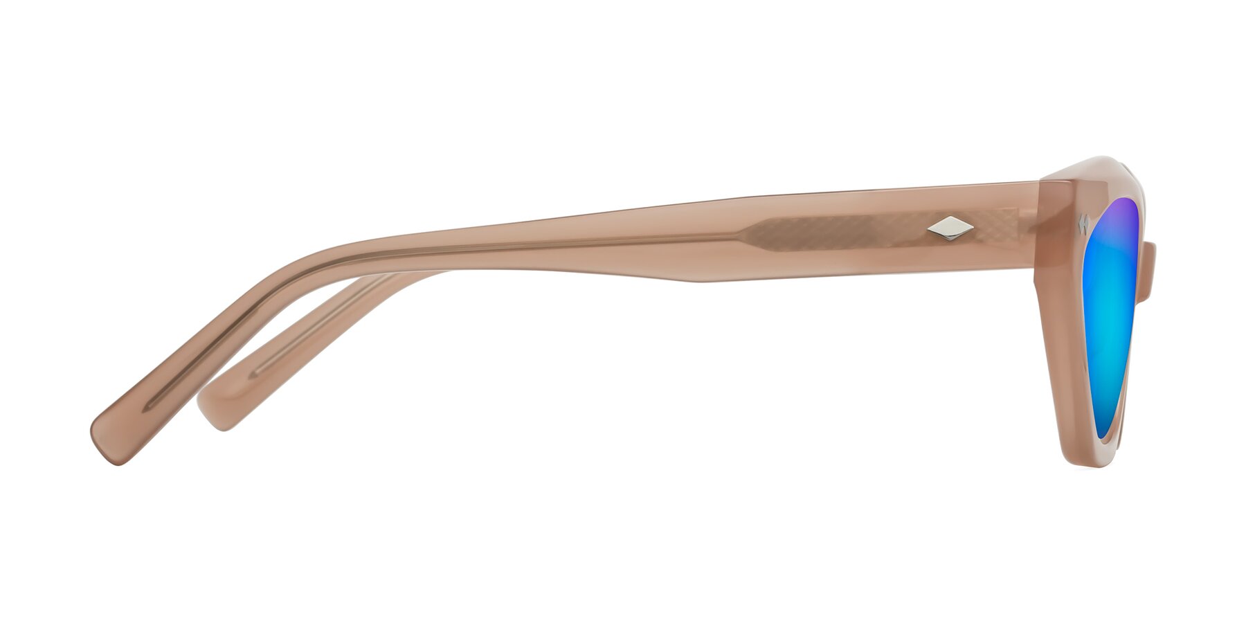 Side of Delphi in Peach with Blue Mirrored Lenses