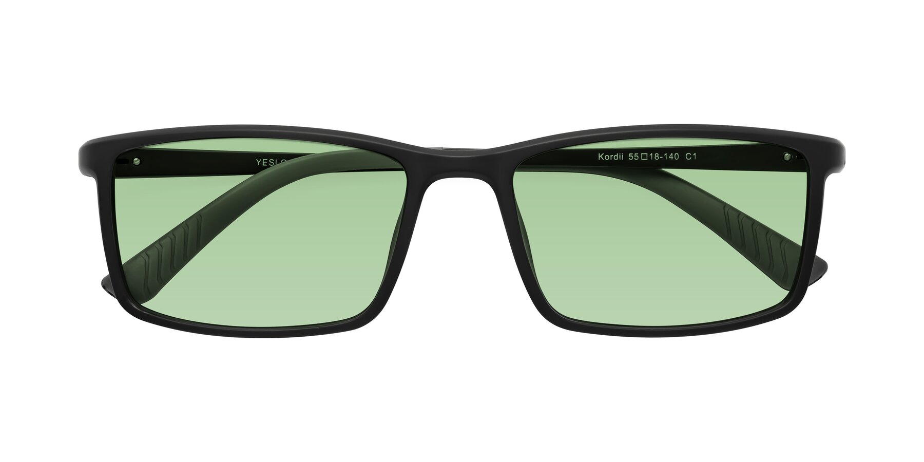 Folded Front of Kordii in Matte Black-Gray with Medium Green Tinted Lenses