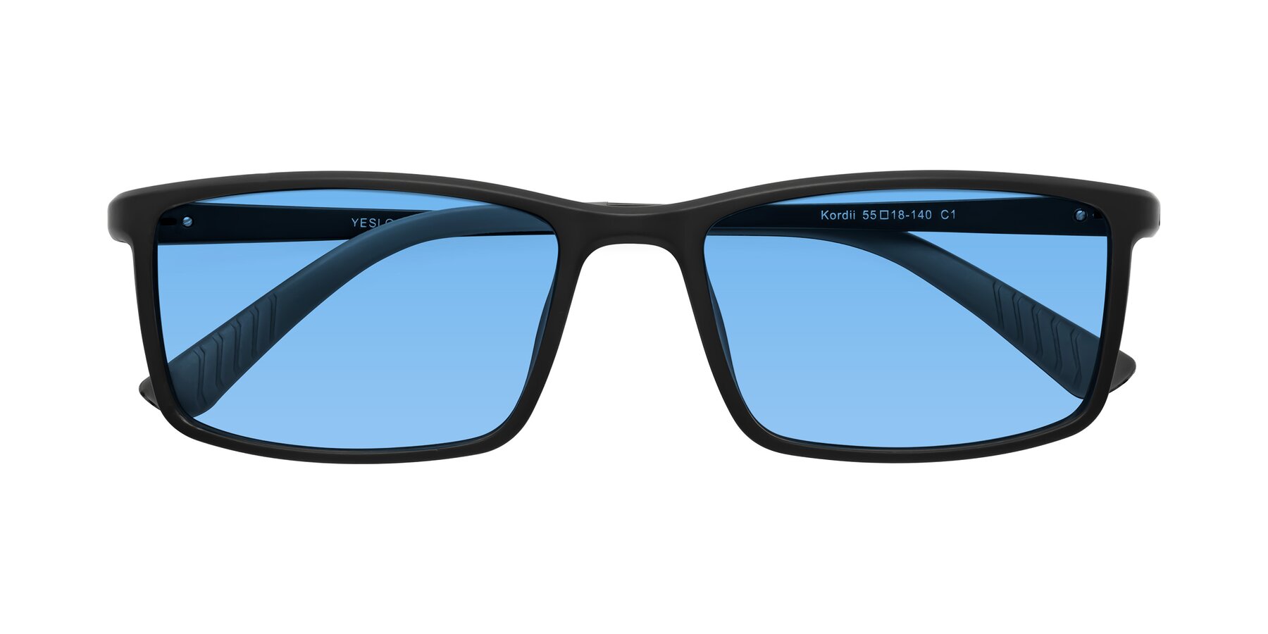 Folded Front of Kordii in Matte Black-Gray with Medium Blue Tinted Lenses