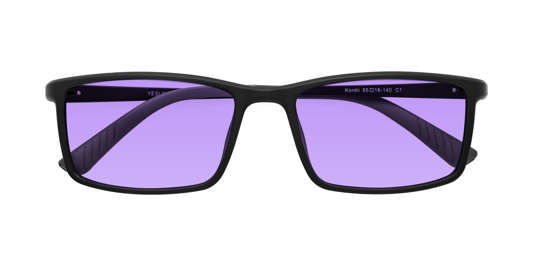 Folded Front of Kordii in Matte Black-Gray with Medium Purple Tinted Lenses