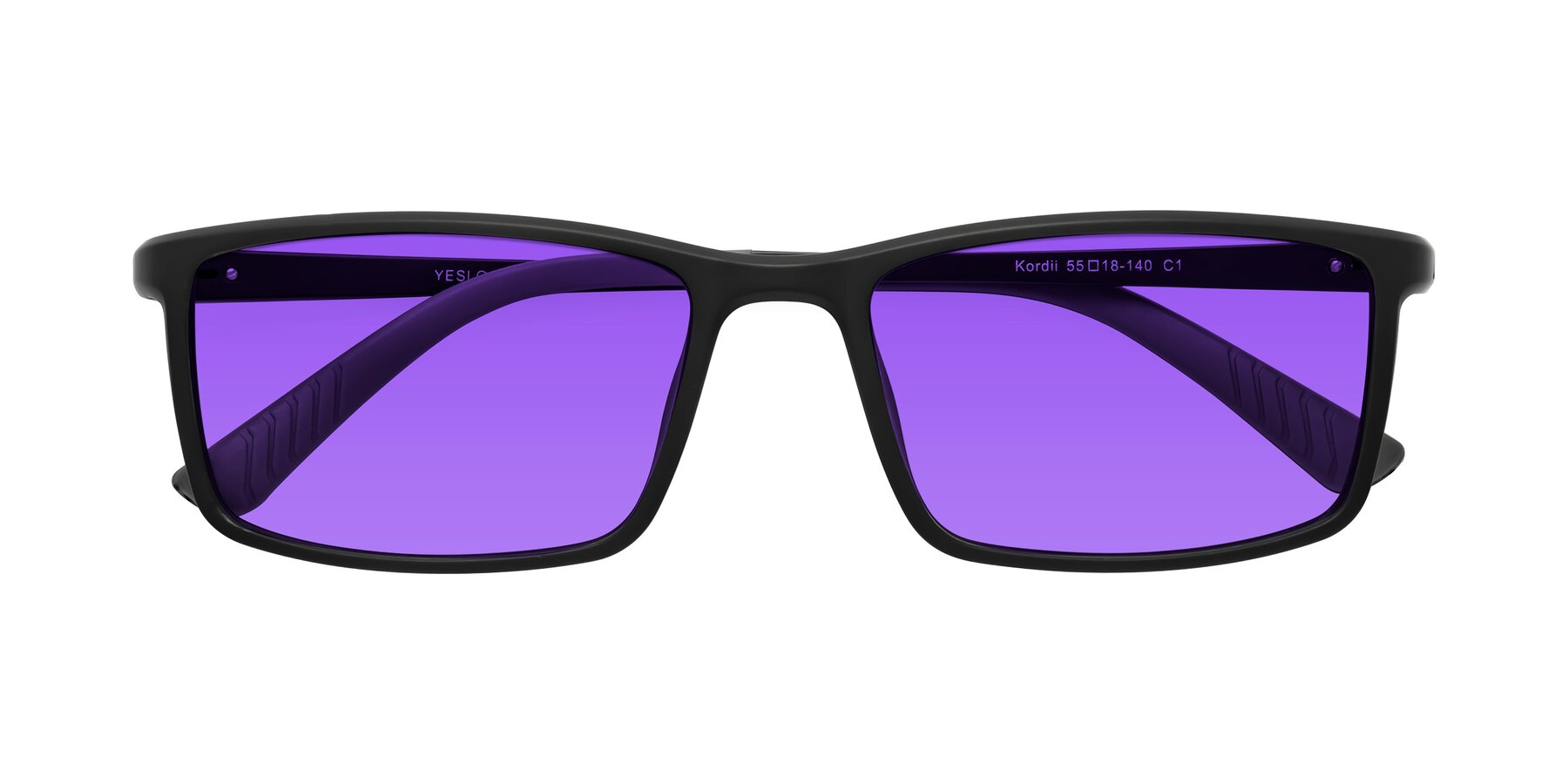 Folded Front of Kordii in Matte Black-Gray with Purple Tinted Lenses
