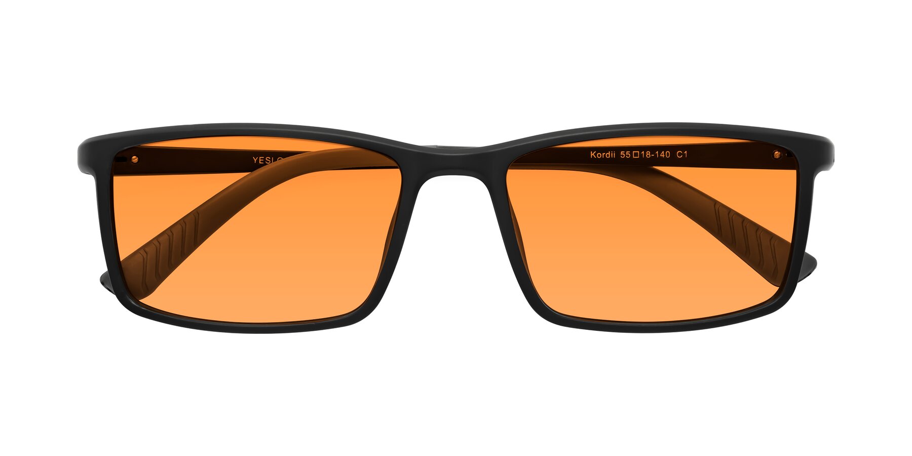 Folded Front of Kordii in Matte Black-Gray with Orange Tinted Lenses
