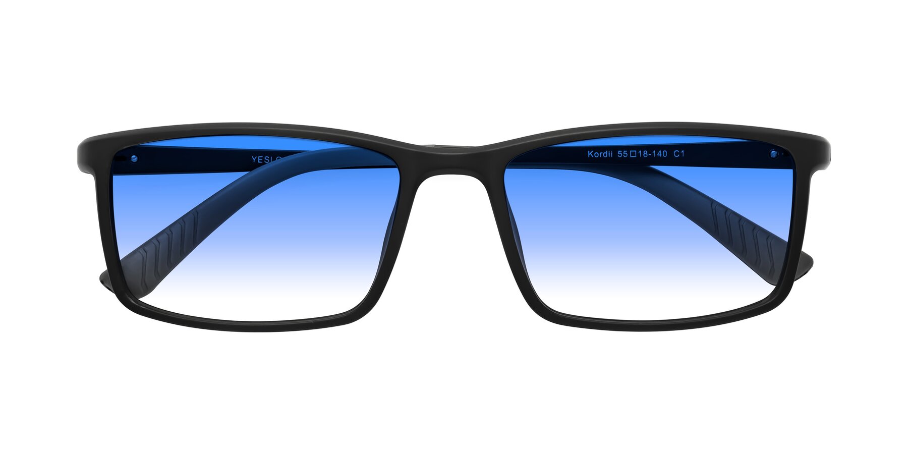 Folded Front of Kordii in Matte Black/Gray with Blue Gradient Lenses