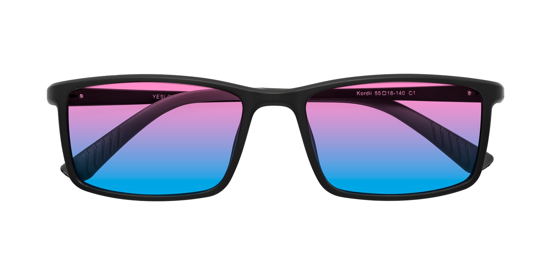 Folded Front of Kordii in Matte Black/Gray with Pink / Blue Gradient Lenses