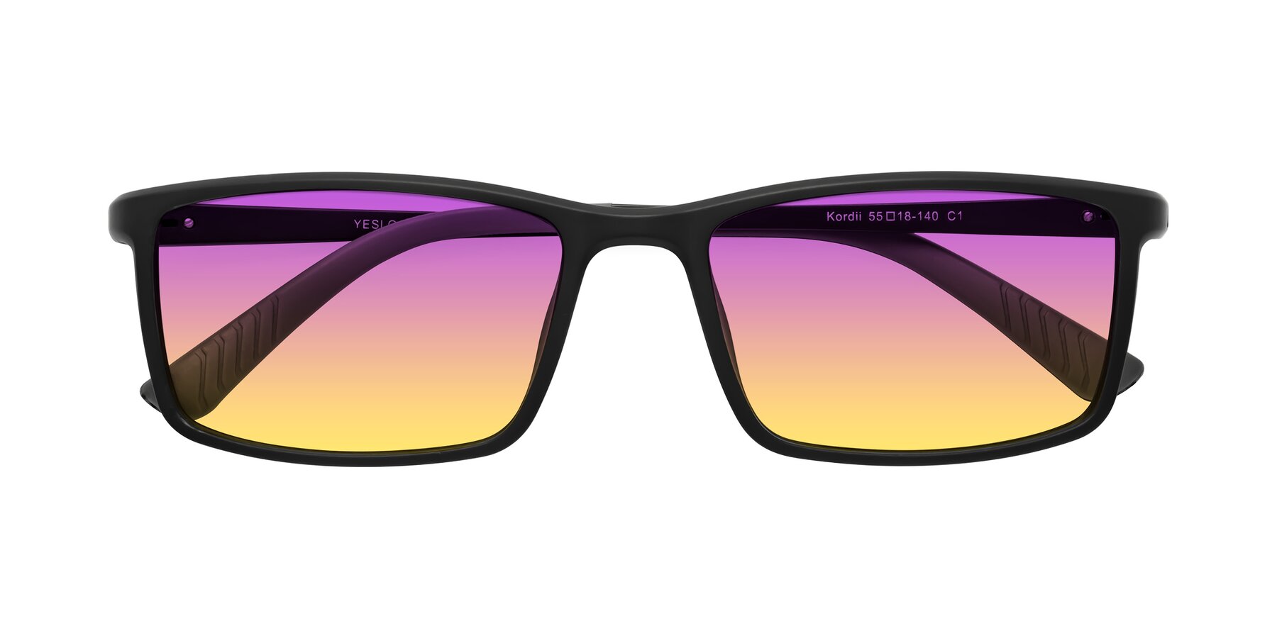 Folded Front of Kordii in Matte Black/Gray with Purple / Yellow Gradient Lenses