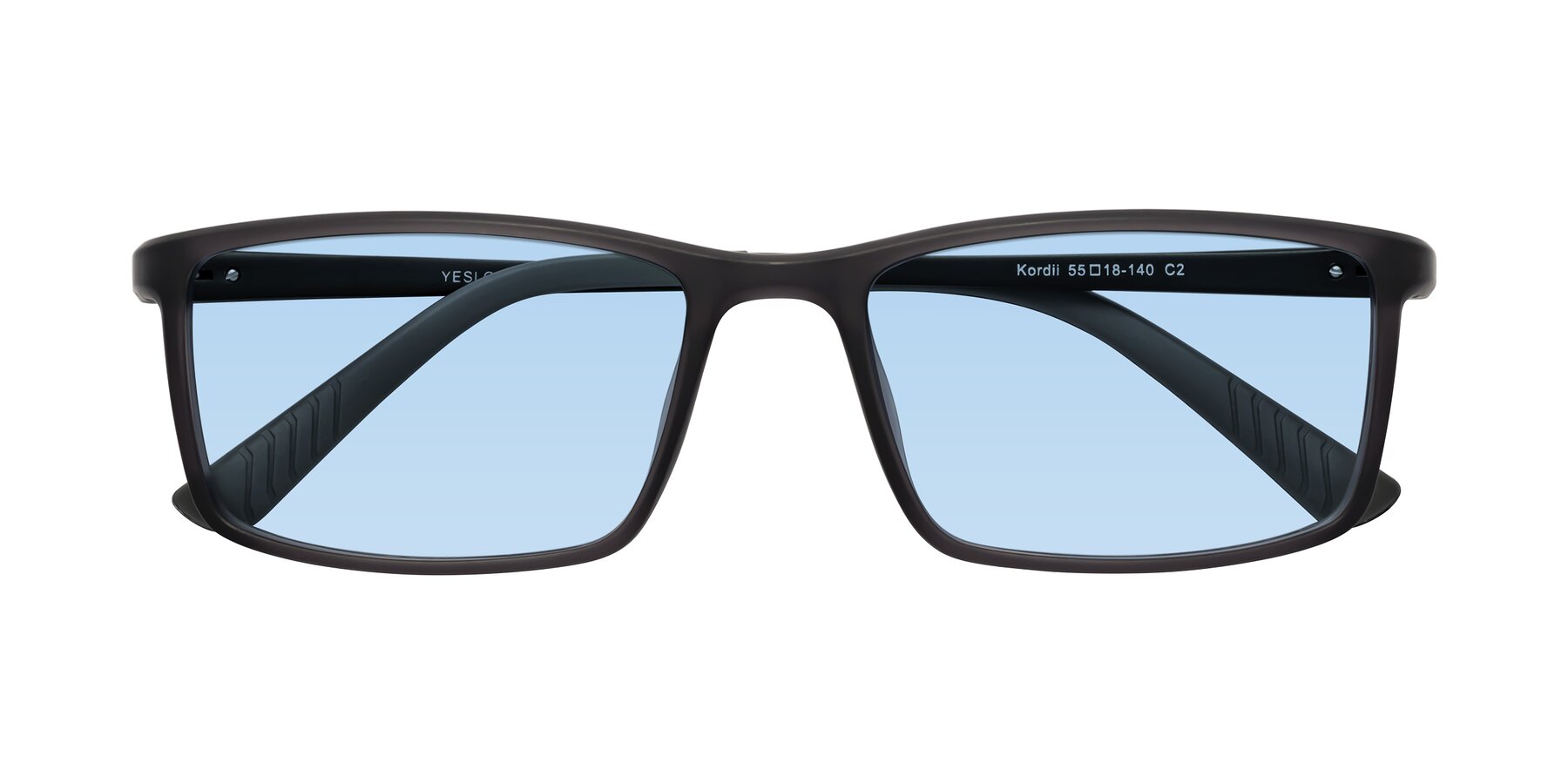 Folded Front of Kordii in Matte Gray with Light Blue Tinted Lenses