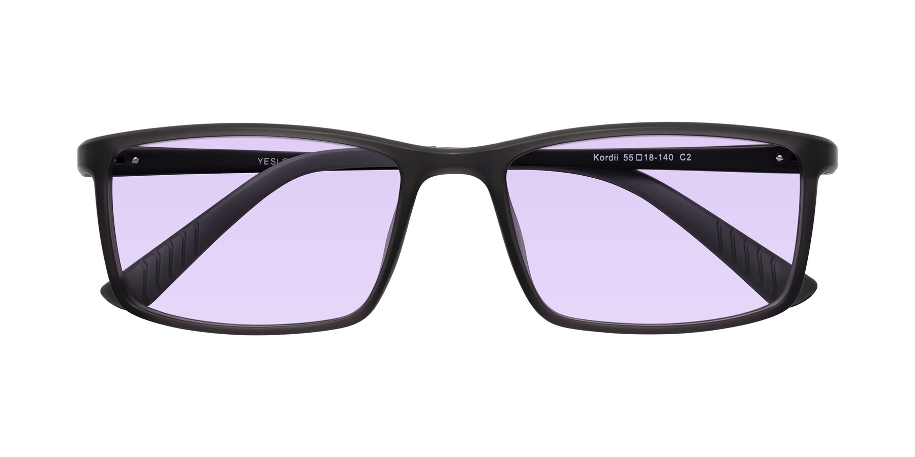 Folded Front of Kordii in Matte Gray with Light Purple Tinted Lenses