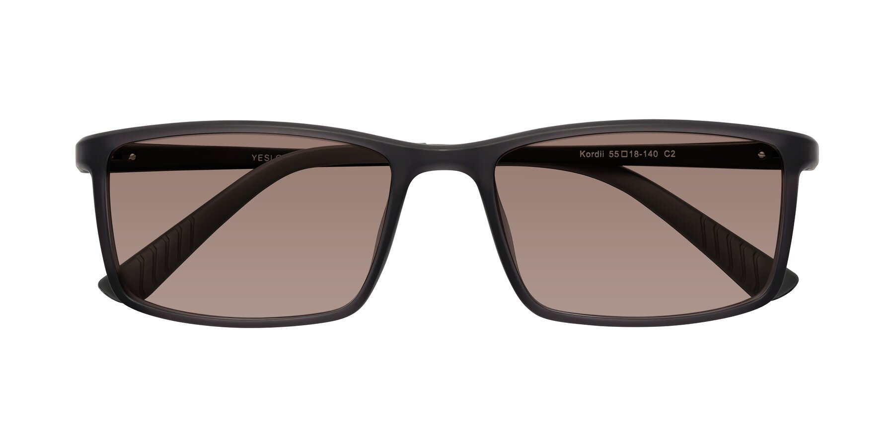 Folded Front of Kordii in Matte Gray with Medium Brown Tinted Lenses