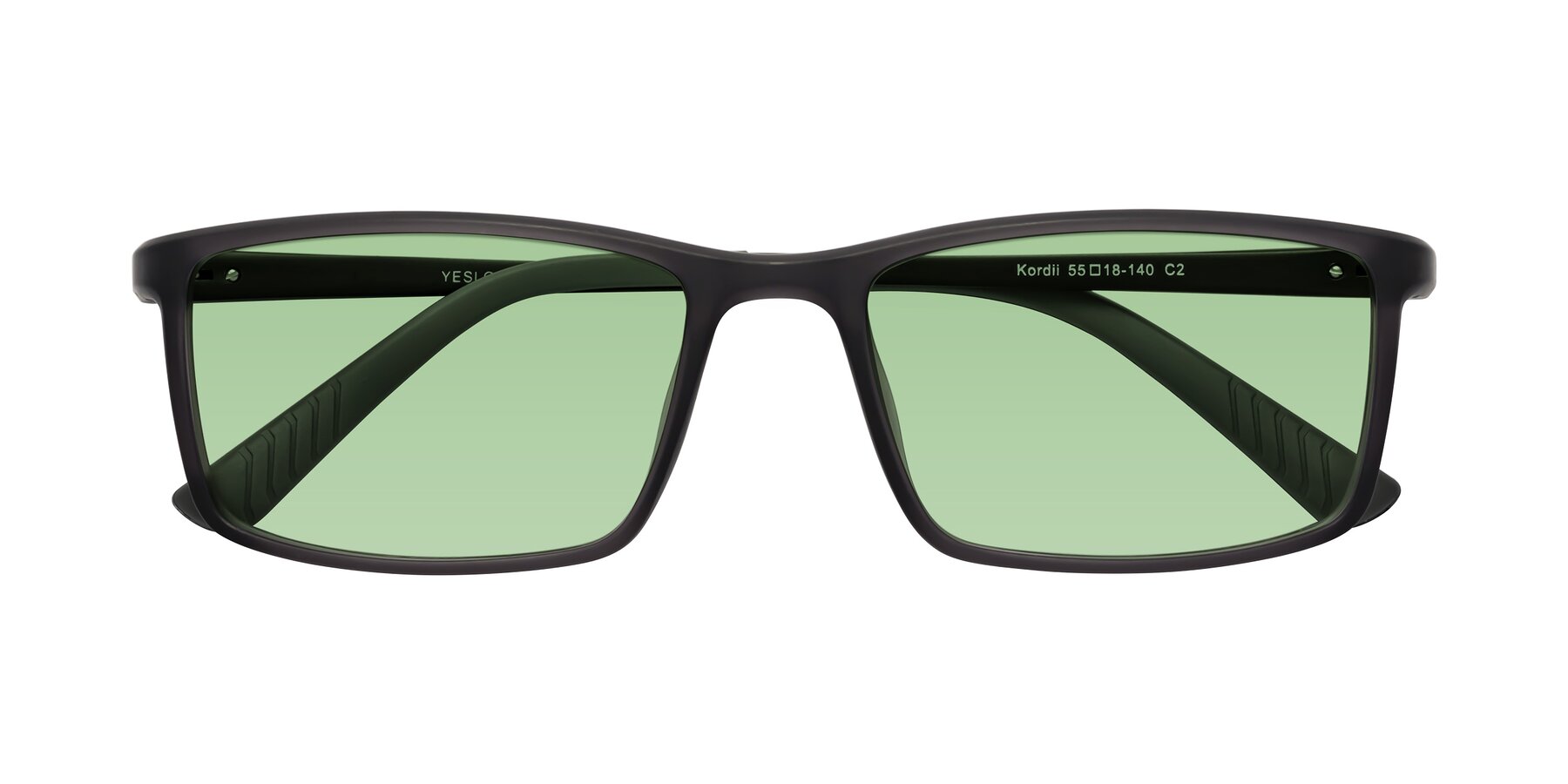 Folded Front of Kordii in Matte Gray with Medium Green Tinted Lenses