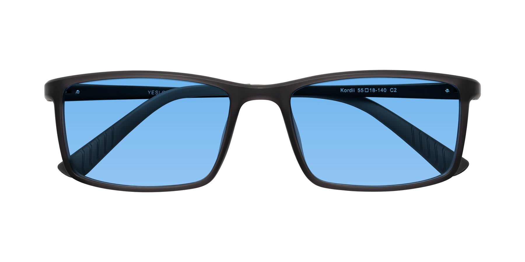 Folded Front of Kordii in Matte Gray with Medium Blue Tinted Lenses